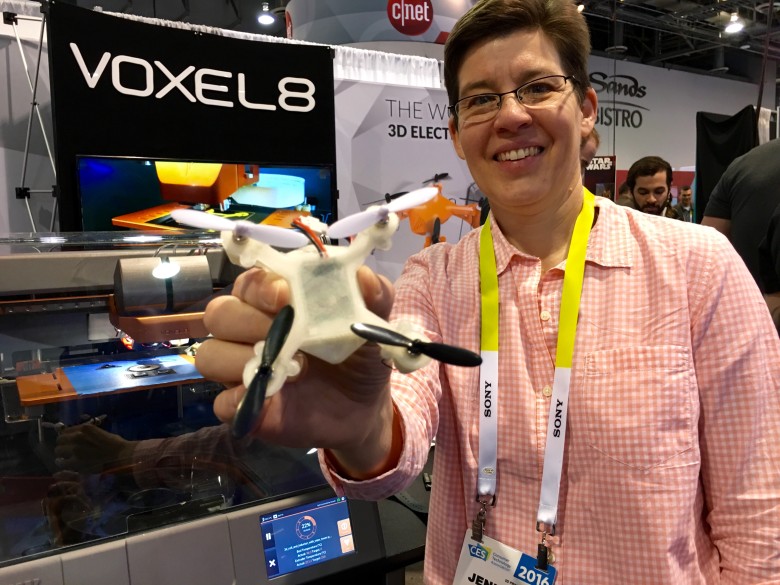 Voxel8 co-founder Jennifer Lewis shows off a drone created by her company's revolutionary 3-D printer.