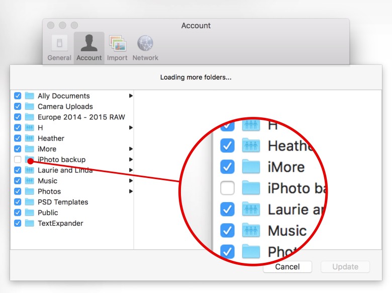 Using the Selective Sync feature of Dropbox prevents it from storing files you don't need on your Mac's drive.