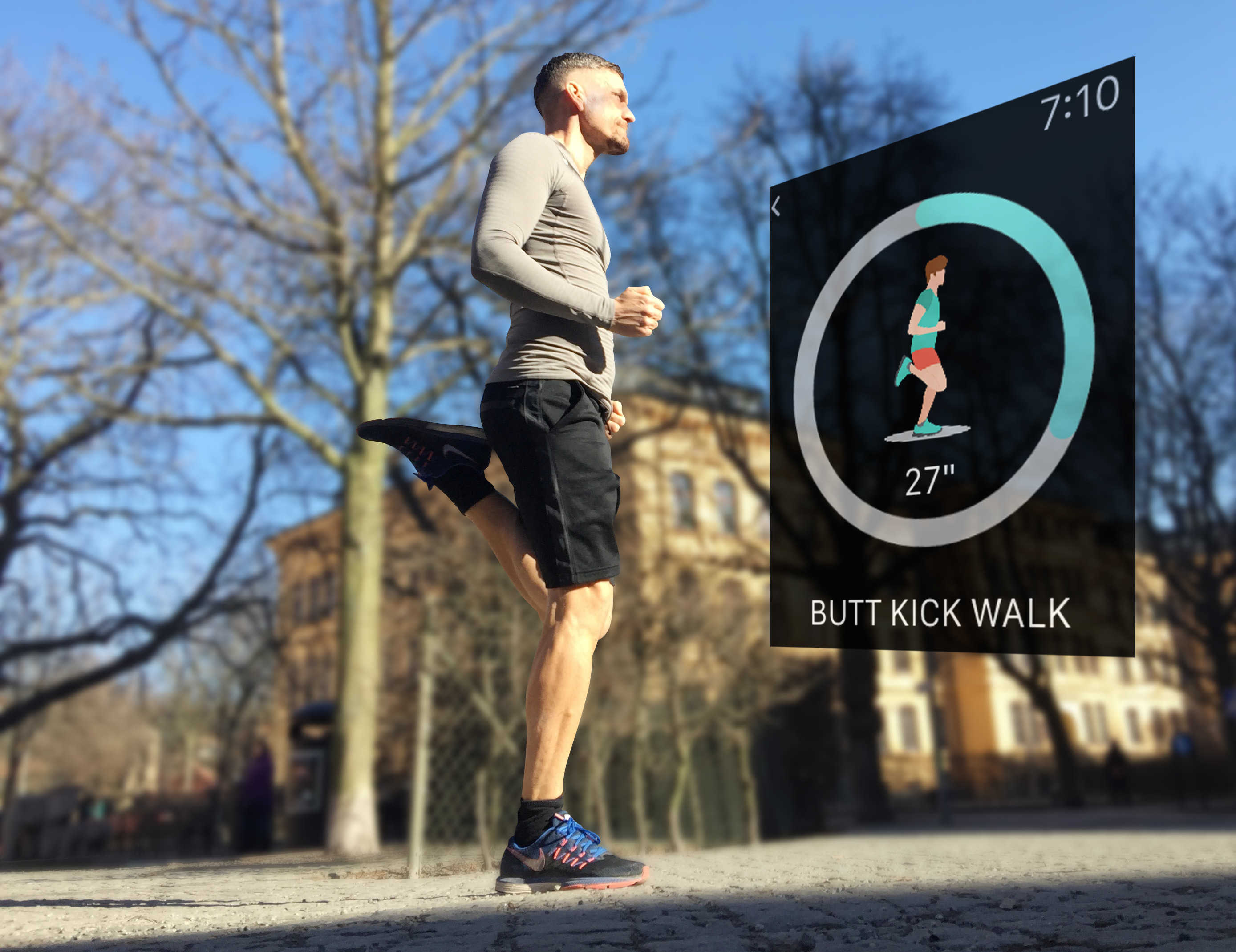 Kicking butt – Watch app RunnerStretch recommends a butt kick walk as part of your warmup