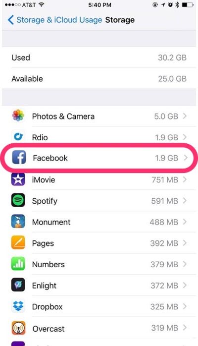 Not only does the Facebook app start bogging down battery, it's also a storage hog. 