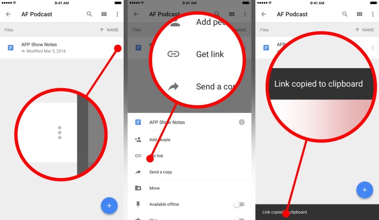 First you'll need to copy the link to a file to your clipboard from within the Google Drive app. You only have to do this once for each file.