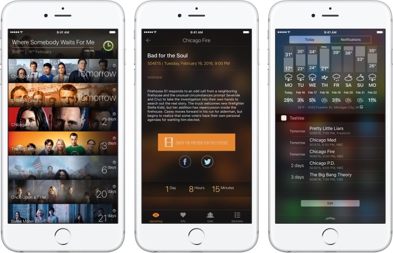 TeeVee 3 is a beautiful way to track your favorite shows, complete with push notifications and a great Today View widget.