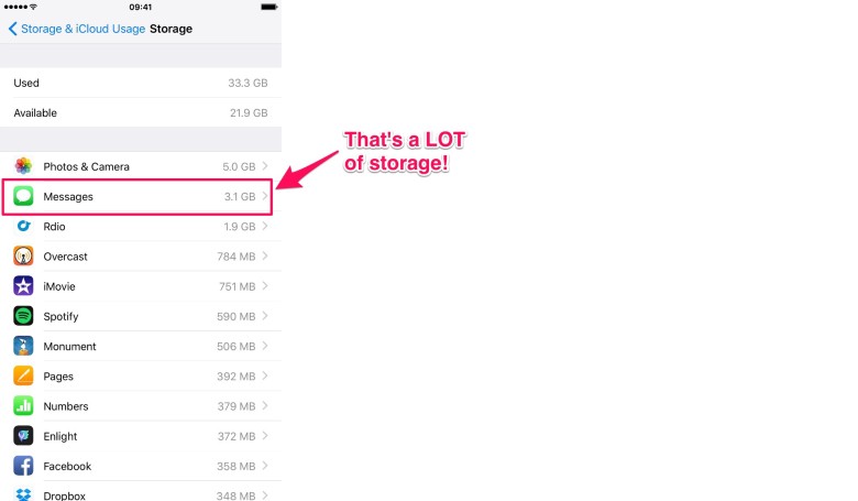 How to check how much storage messages are taking up.