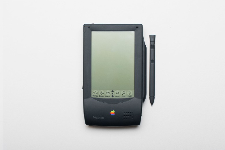 A pre-lease model of a Newton MessagePad with stylus.