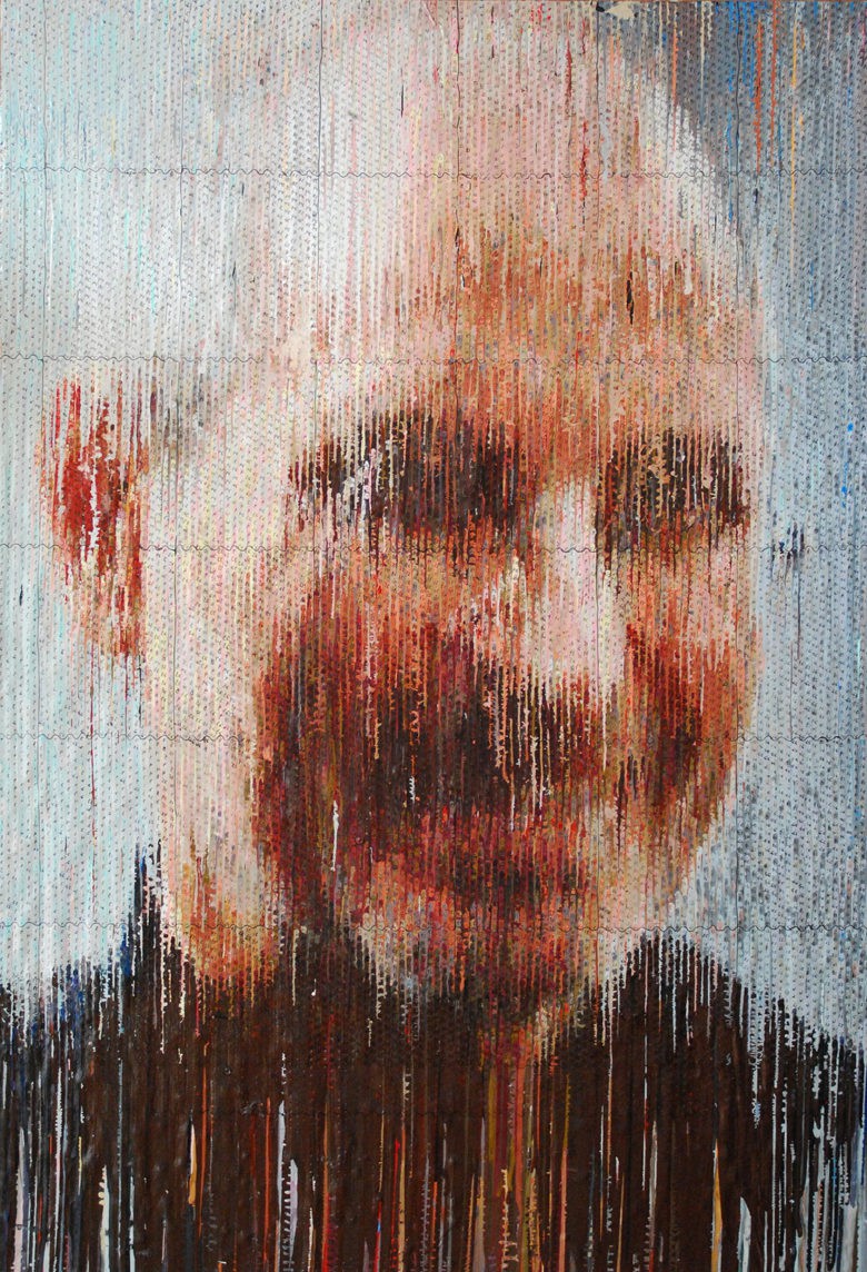 Paint dripping from the back of the bubble wrap is captured for a second portrait on wood.