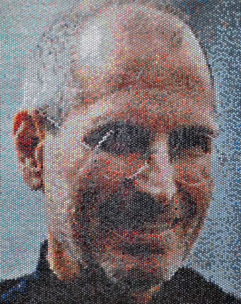 Steve Jobs would probably smile back at this bubble wrap portrait by Bradley Hart. 