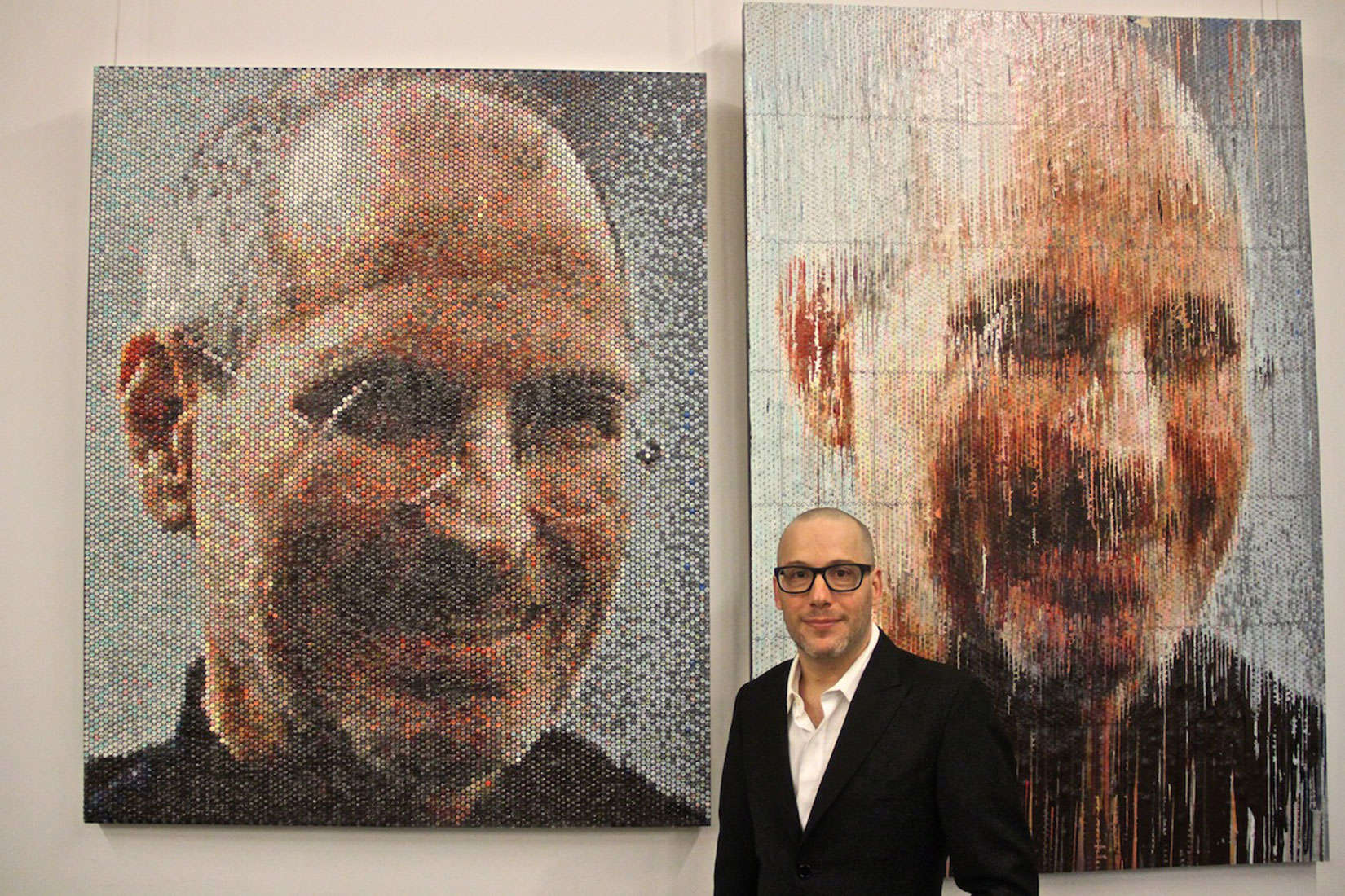 Bradley Hart injects paint into bubble wrap for photo-realistic portraits, like this one of Steve Jobs.