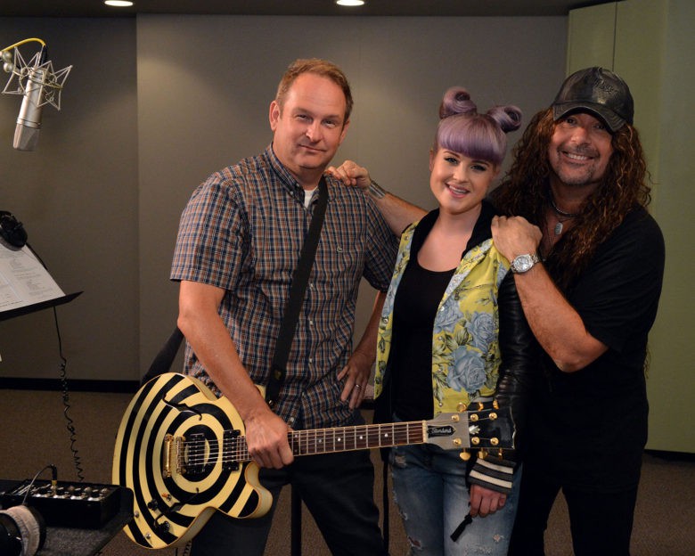 Parry Gripp in the studio with voice artists Kelly Osbourne and Jess Harnell for the Disney cartoon The 7D