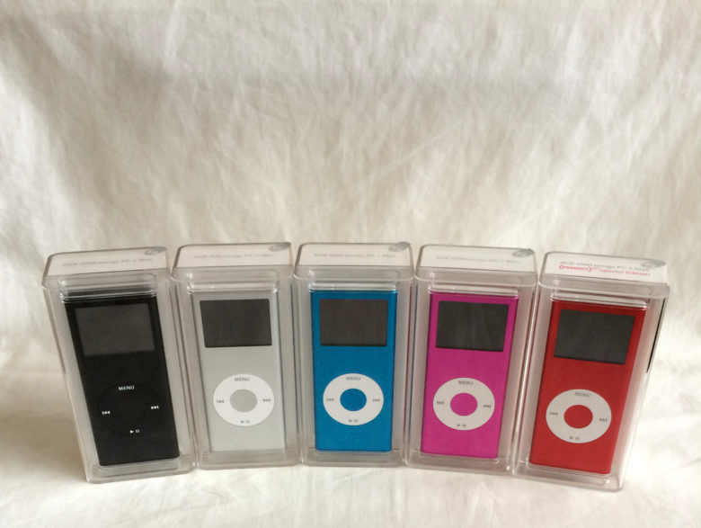 The second generation iPod Nano in all of its colors.