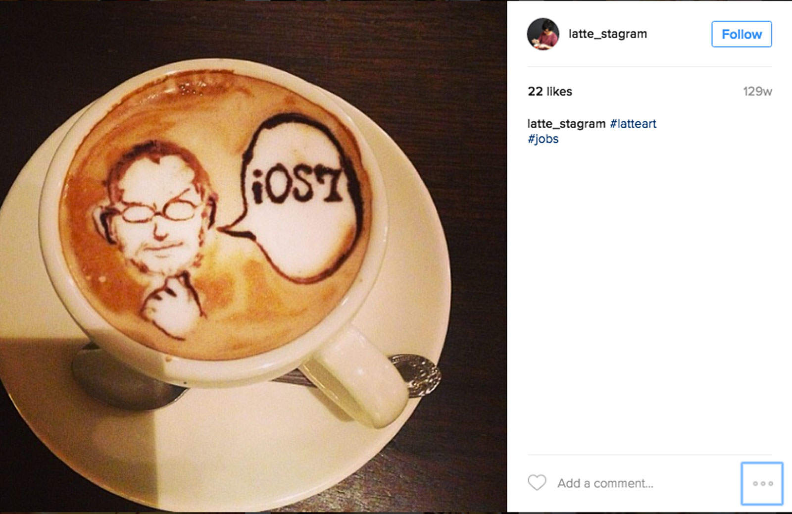 Steve Jobs appears from a swirl of milk and coffee in latte art by Kohei Matsuno.