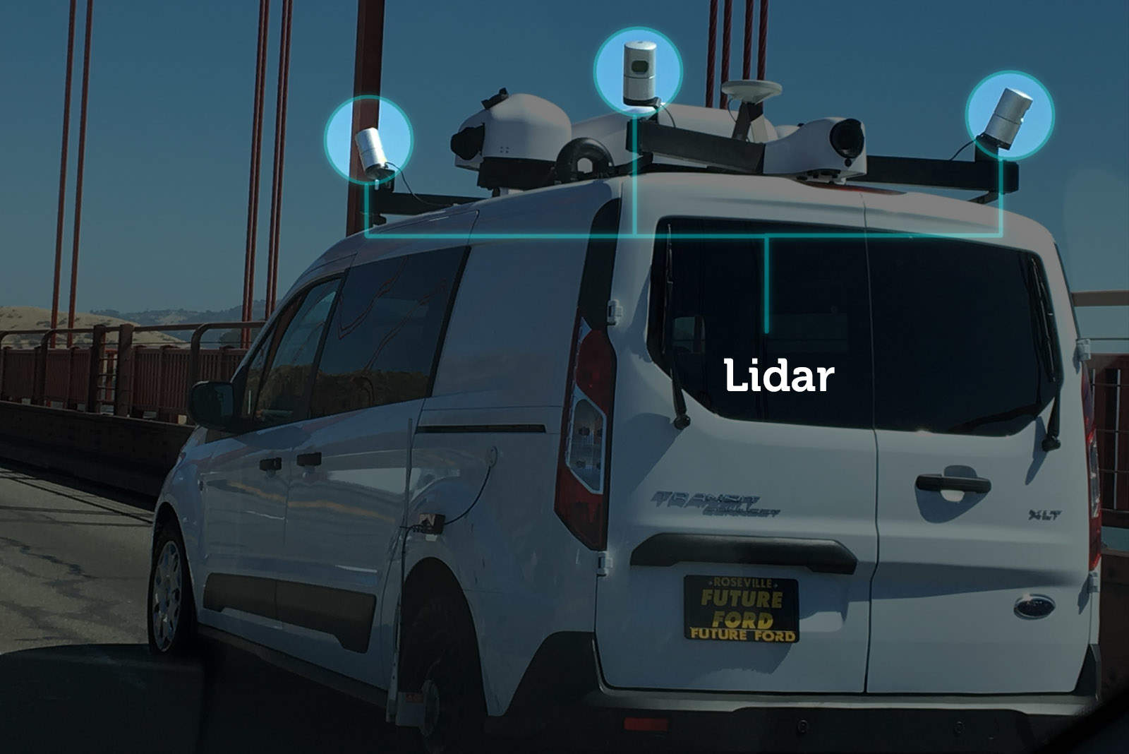 The four Velodyne Lidar sensors mounted on each corner are likely generating a "point cloud' -- an ultra precise 3D scan of the road -- that'll be used to navigate self-driving cars. 