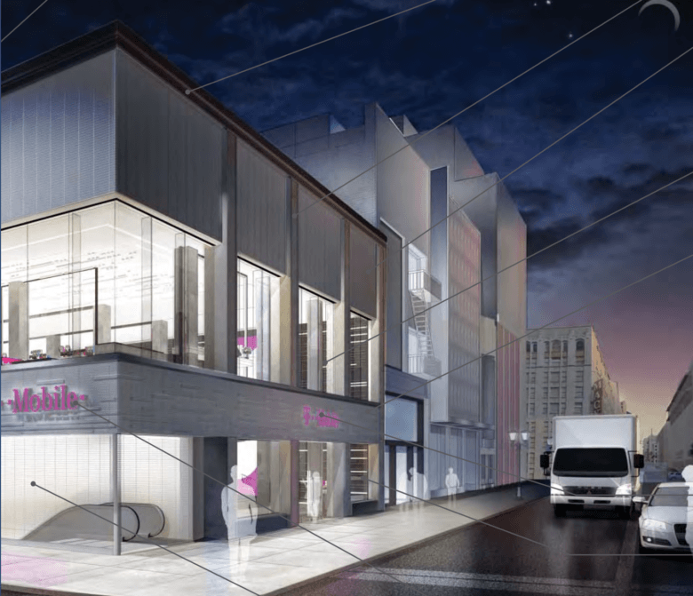 The T-Mobile store at night.