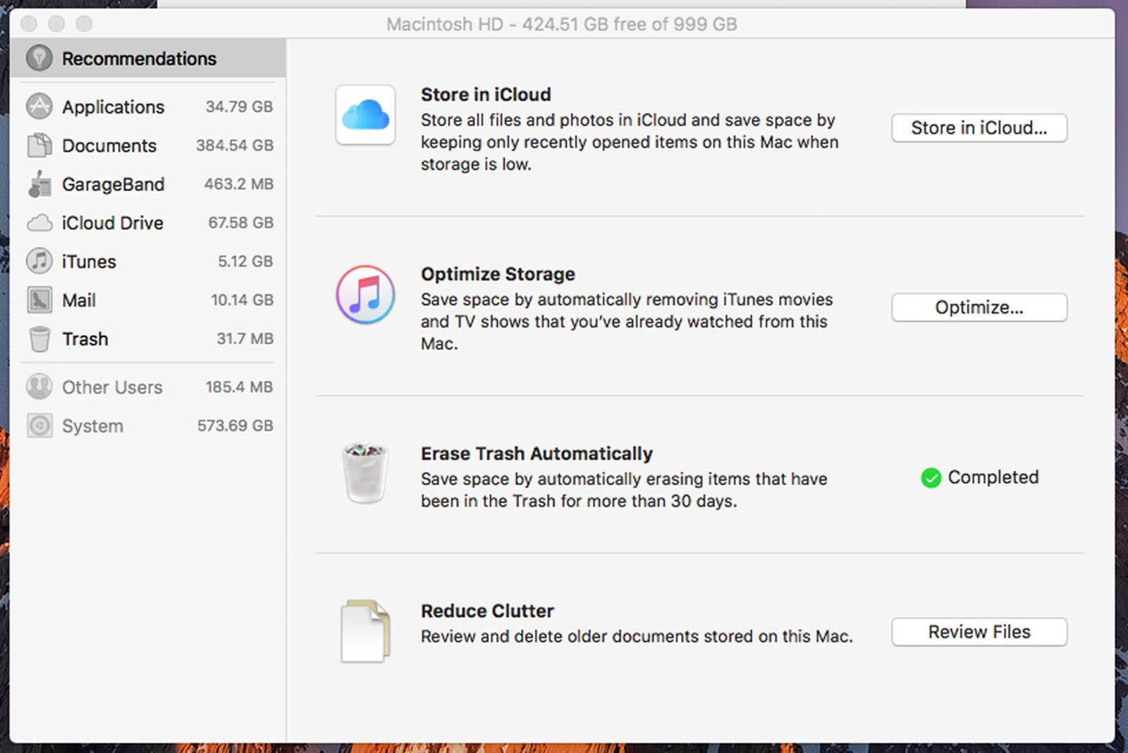 macOS Sierra: How to use Optimized Storage to make space