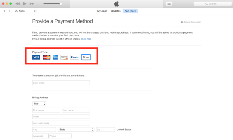 iTunes billing info