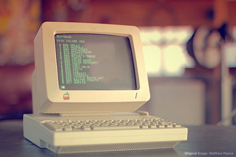 Photo of an Apple II computer running Apple DOS, the company's first operating system.