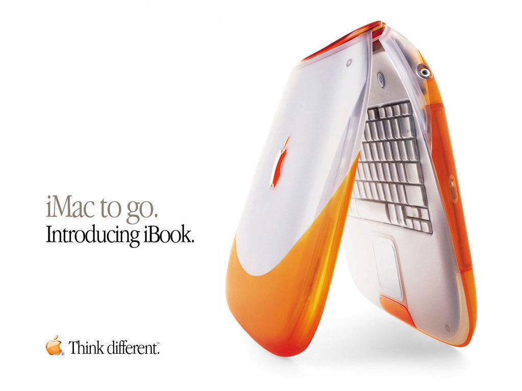 An Apple iBook ad with copy that reads, "iMac to Go. Introducing iBook," along with the company's "Think different" slogan. from the late 1990s.