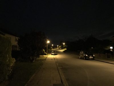 Nighttime street scene.