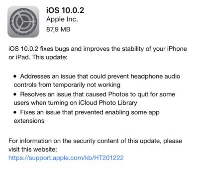 iOS 10.0.2 update