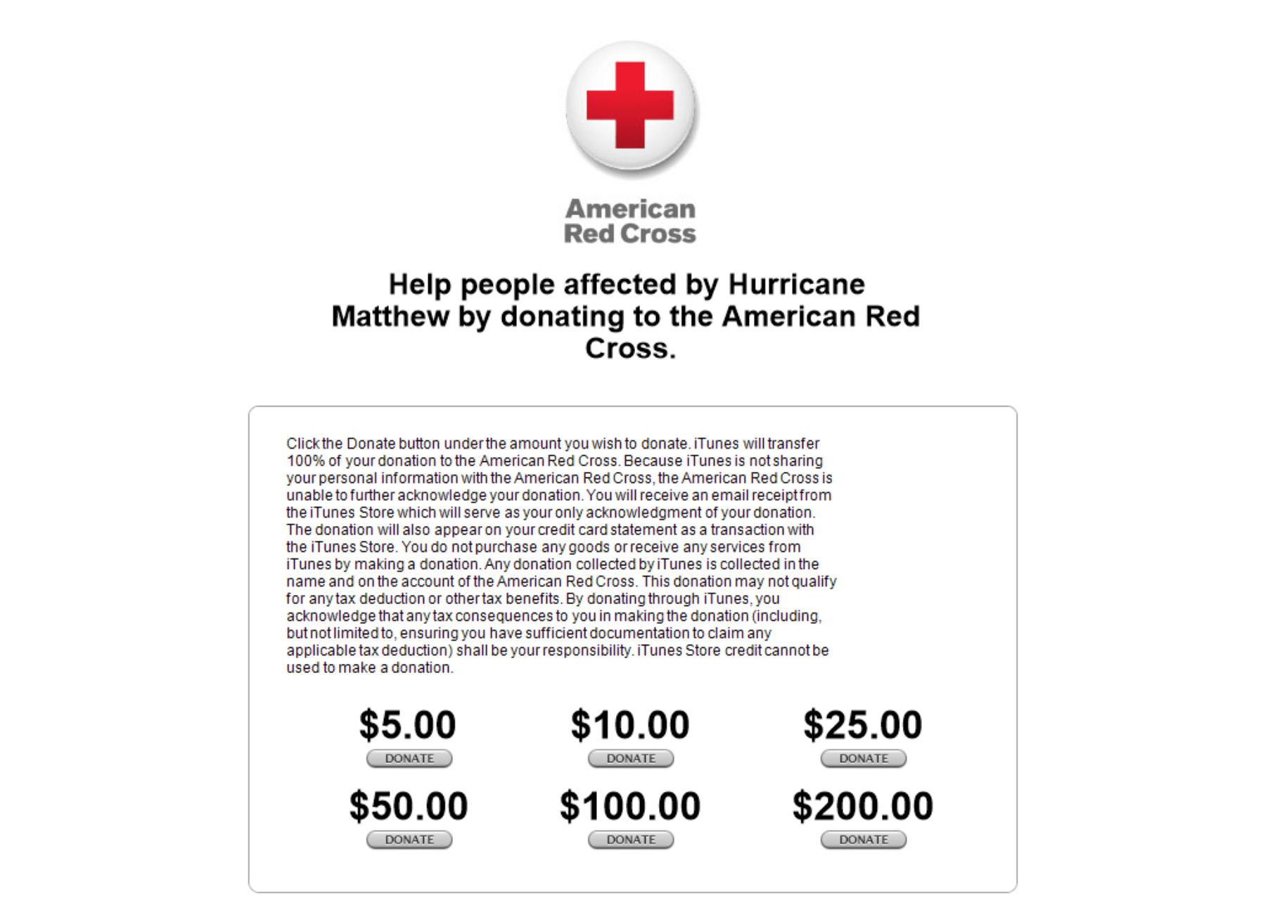 Hurricane Matthew iTunes donation