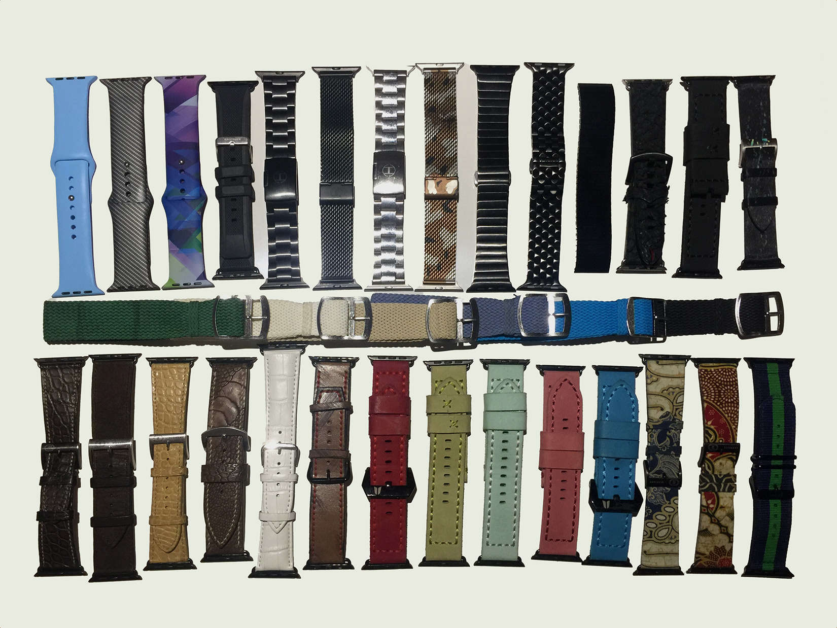 A sampling of Ryan Verbeek's ever-growing Apple Watch band collection.