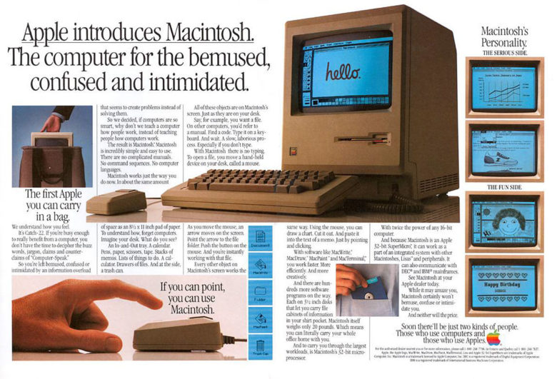Apple lays out the strengths of the revolutionary Macintosh 128K in an original Mac ad.