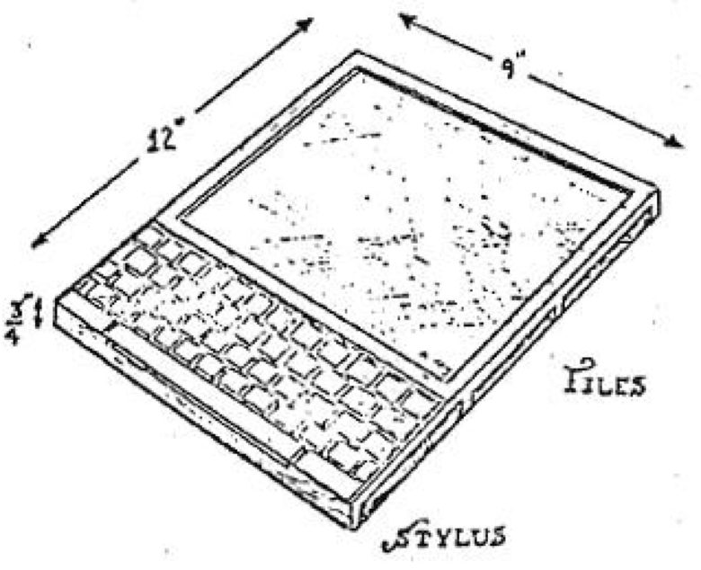 A black-and-white drawing from a patent application shows an electronic tablet device. Alan Kay's Dynabook concept was for a personal computer simple enough for children to use.