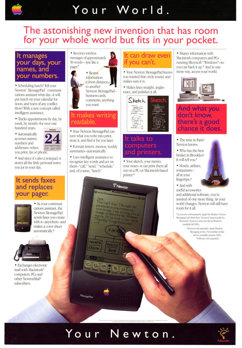 A Newton MessagePad advertisement touts "the astonishing new invention that has room for your whole world but fits in your pocket."