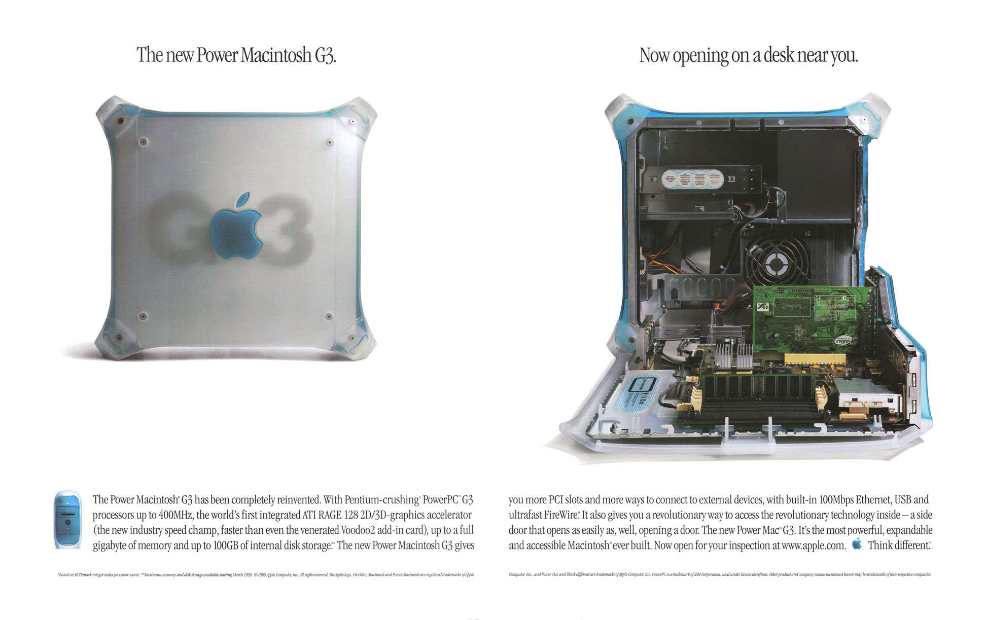 One of the Power Mac G3's original ads shows the computer from the side, both open (to show its internal components) and closed.