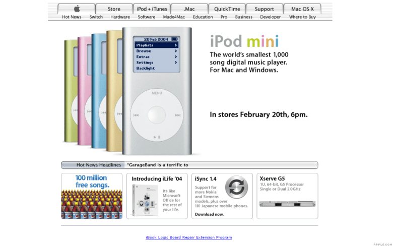 The iPod mini, which Apple "called the world's smallest 1,000 song digital music player," arrived on February 20, 2004.