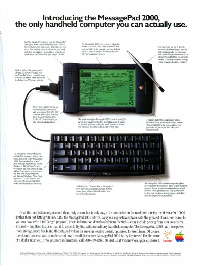 A magazine advertisement for the Newton MessagePad 2000, which Apple called "the only handheld computer you can actually use." The device is shown with a stylus and a wired keyboard.