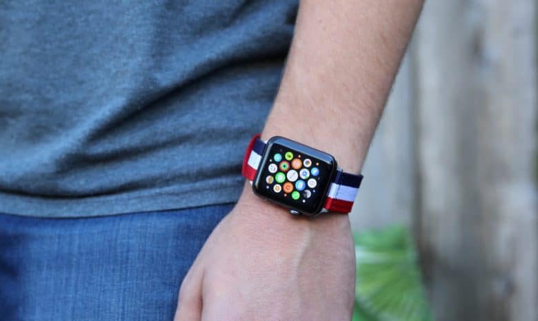 Nyloon's Elysee Nylon Band for Apple Watch in navy, white and red has a comfortable, fabric-like feel.