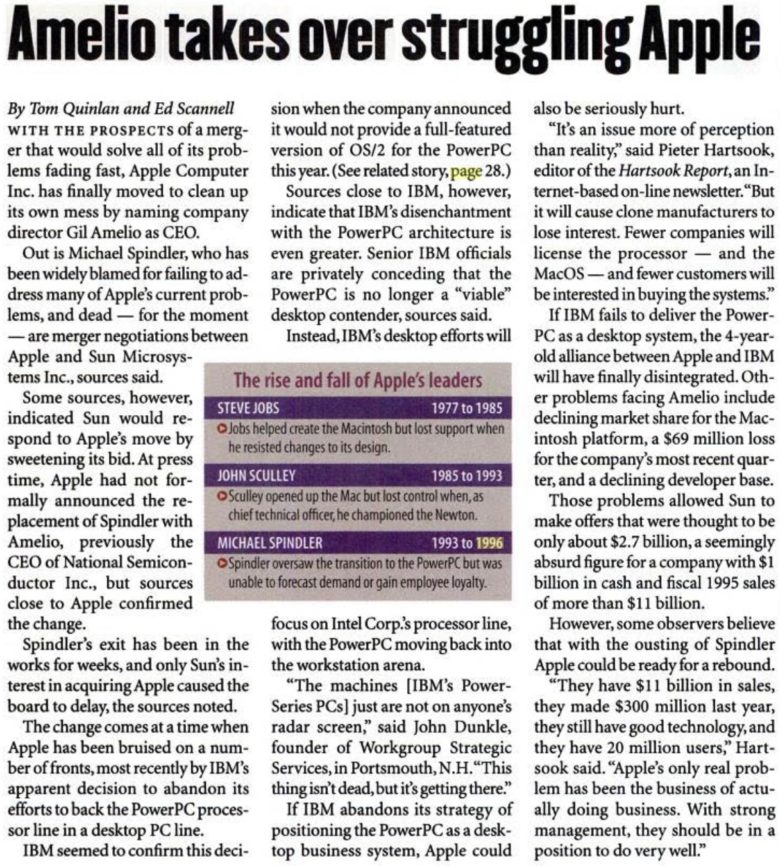 An InfoWorld story headlined "Amelio takes over struggling Apple" tells of Gil Amelio taking over as Apple CEO in 1996.