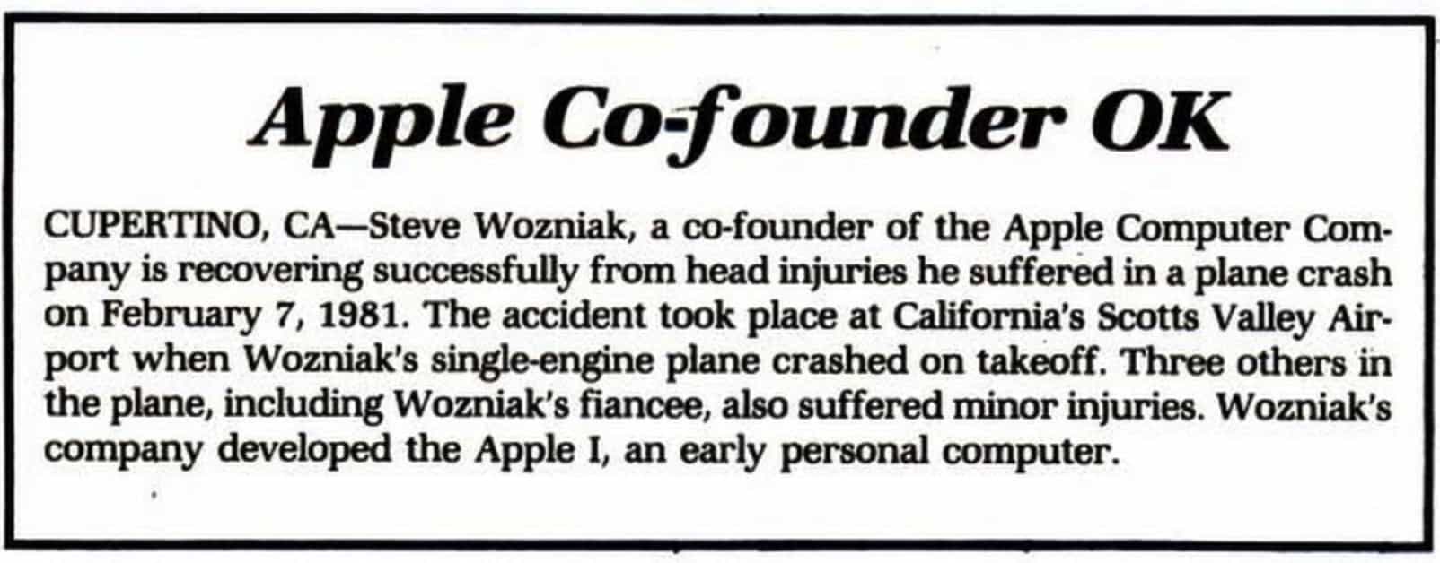 Steve Wozniak plane crash makes the news.