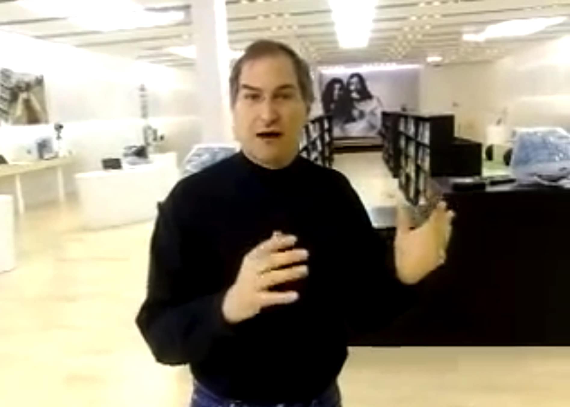 Steve Jobs offers a sneak peek at the first Apple store prior to its opening.