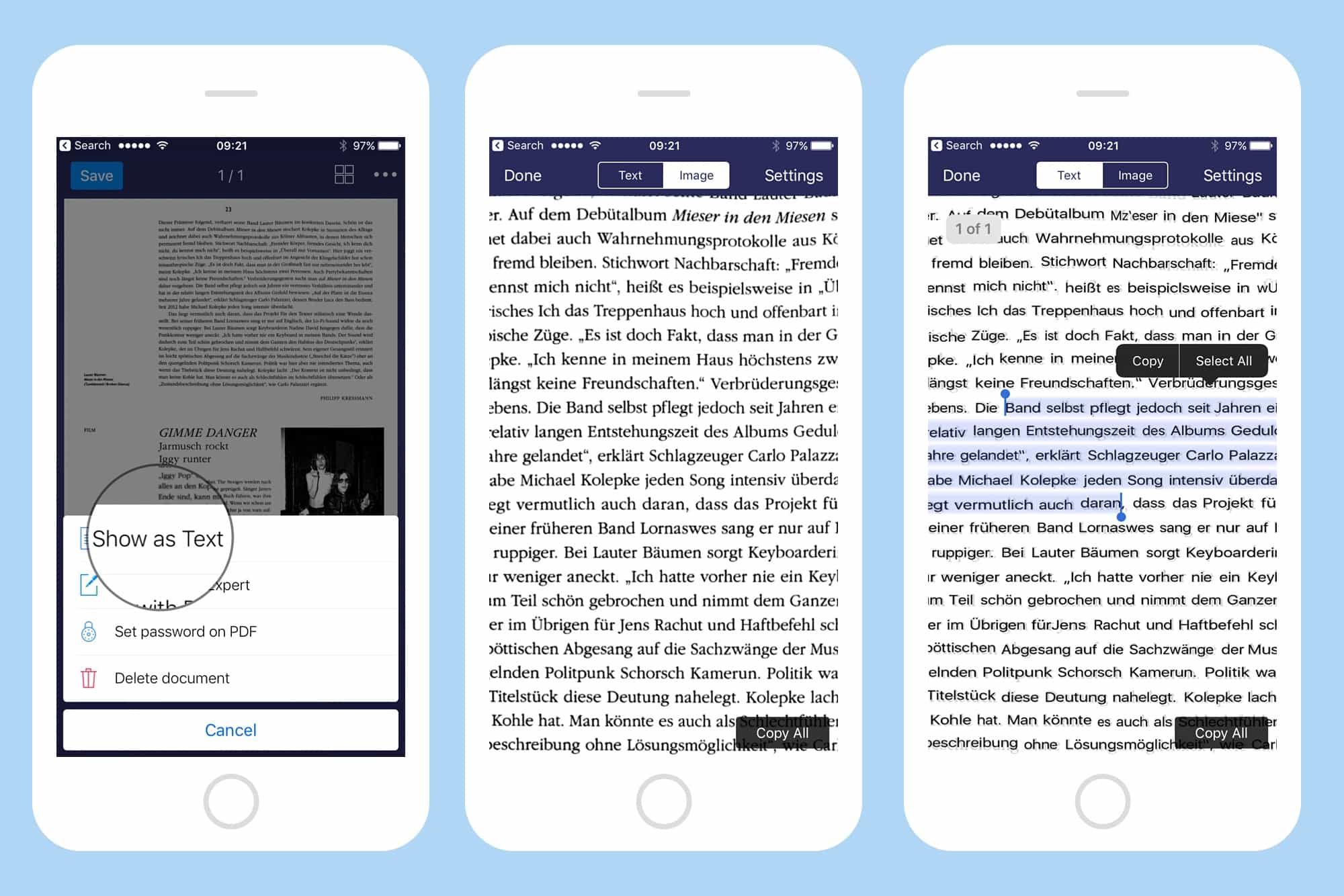Scanned text is turned into editable text automatically.