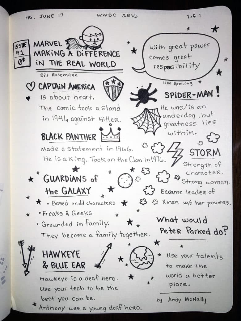 2016 Apple WWDC sketchnotes of the Marvel Comic session
