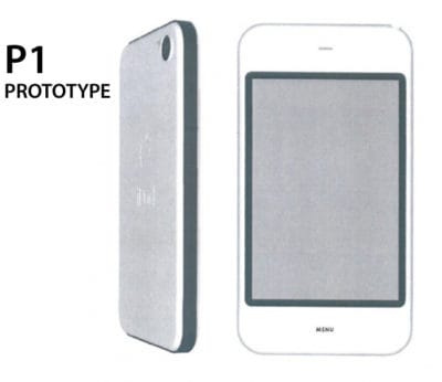 This is an early "Sandwich" prototype (also marked "iPod" on the back) that imagined the iPhone in Apple’s iconic white plastic. In early models, the Home button is marked “Menu.” 