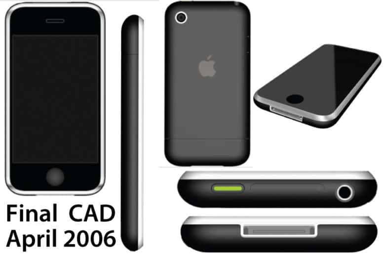 These CAD outputs show what would become the first iPhone -- a big glass screen held in place by a polished stainless steel bezel. 