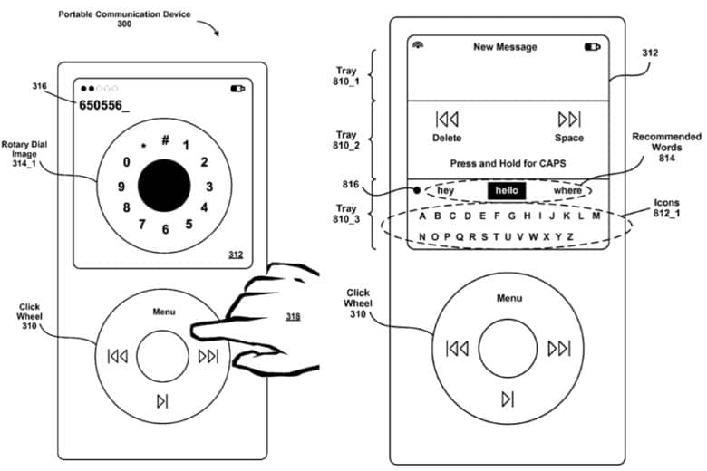 This patent filing shows how an iPod phone might have worked. The iPod’s scroll wheel acted like a classic rotary phone dialer.