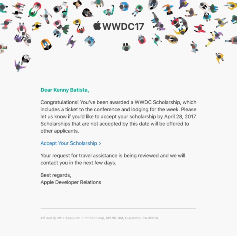 WWDC Acceptance E-mail Kenny Batista