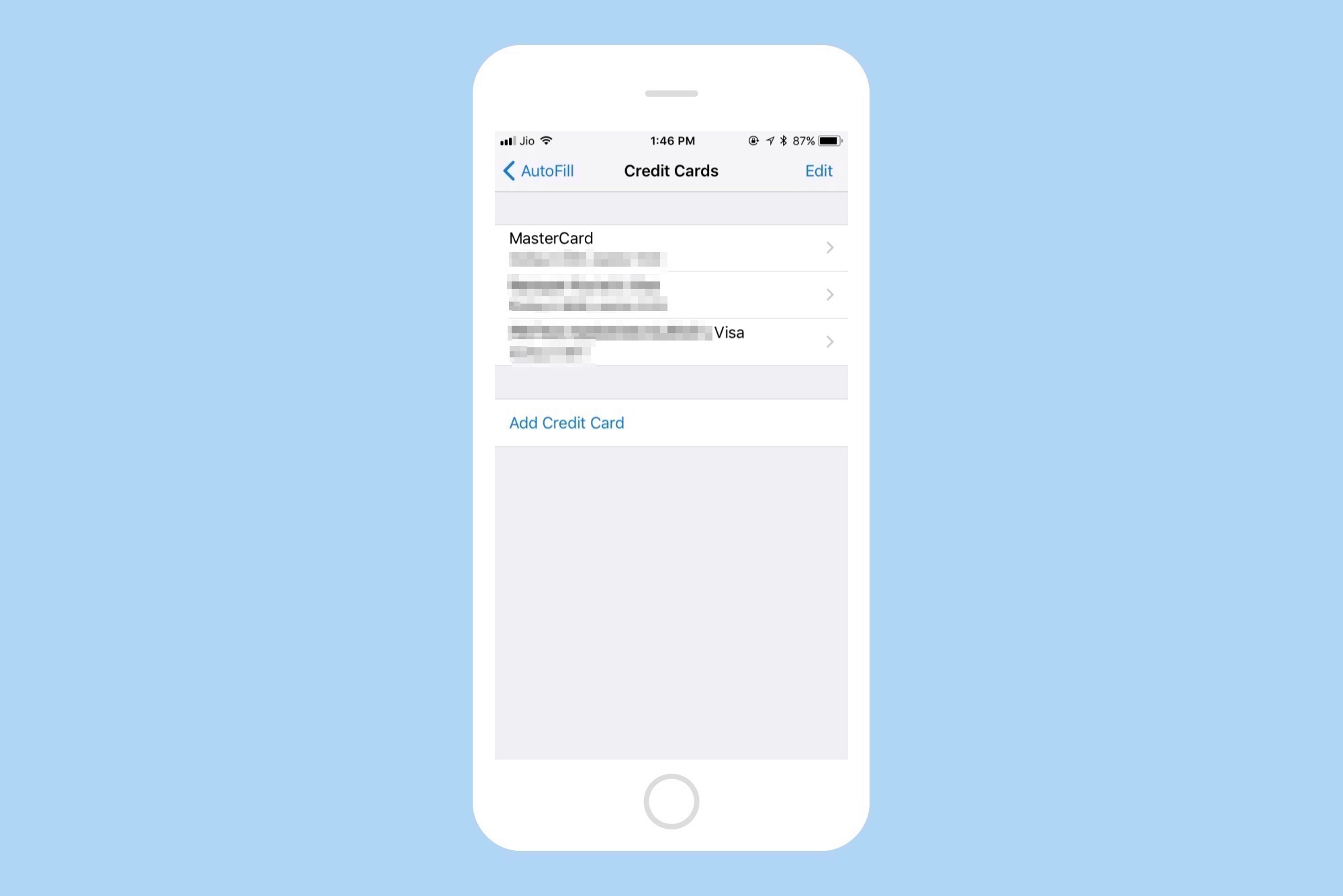 saved credit card details on iPhone