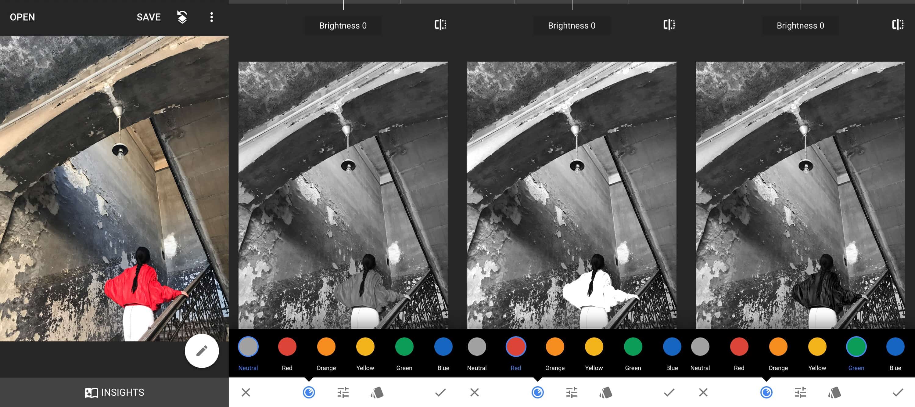 This shows how red and green filters can affect a B&W image.