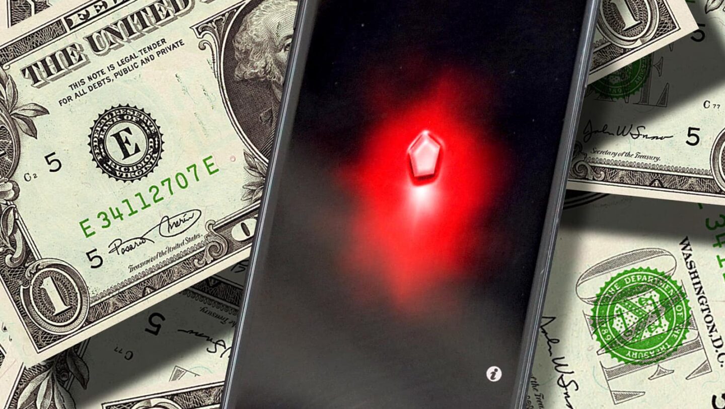 Illustration of an iPhone with the I Am Rich iPhone app, which cost $1,000 and was totally useles, on a pile of money.