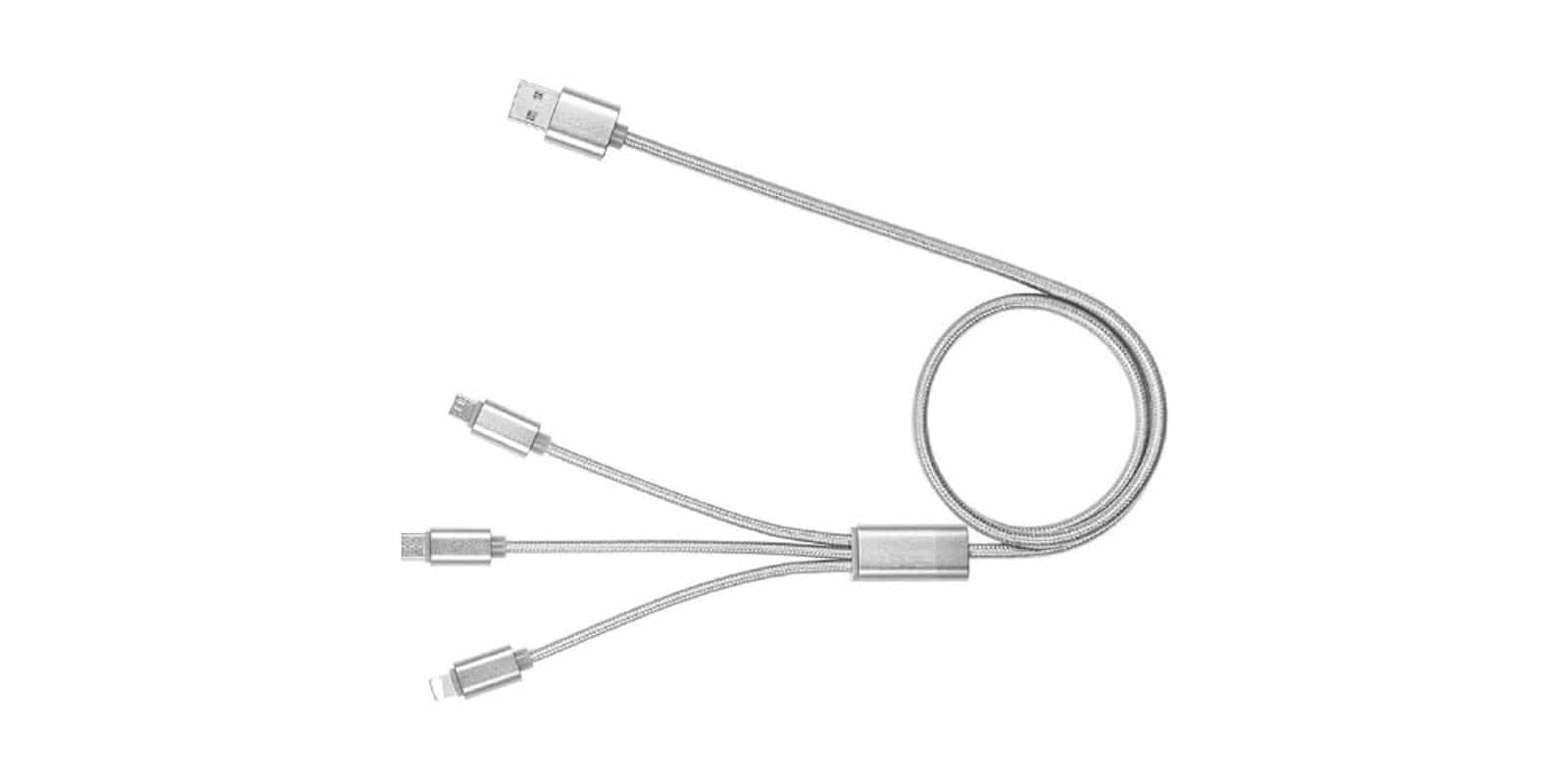 This single cable contains plugs for USB-C, MicroUSB, and Lightning connected devices.