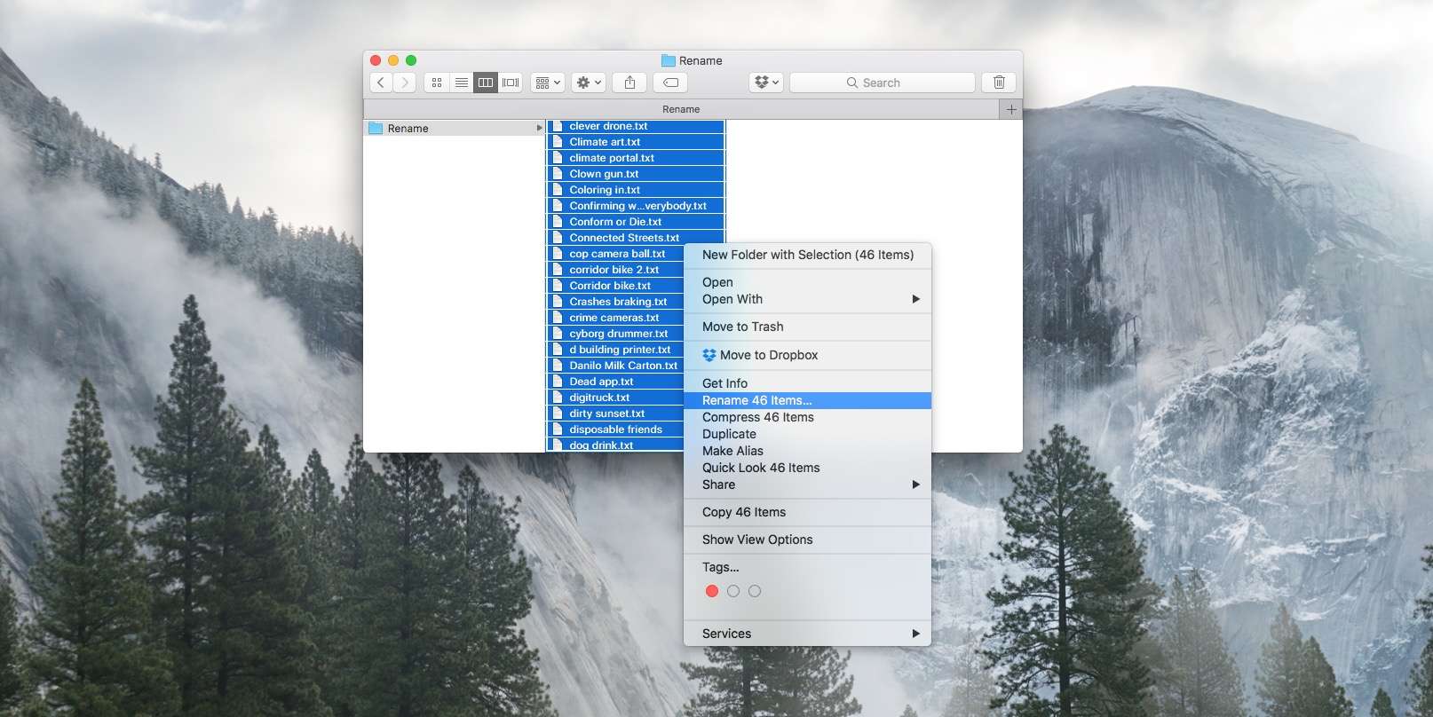 Pick the Rename option in the Finder's contextual menu.