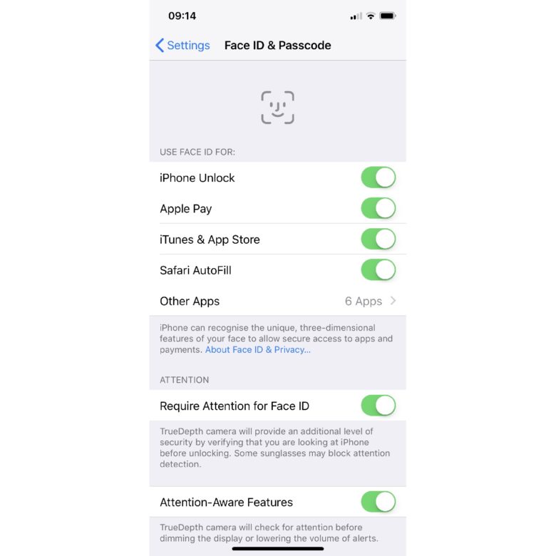The Attention Aware toggles also appear in the Face ID & Passcode settings.