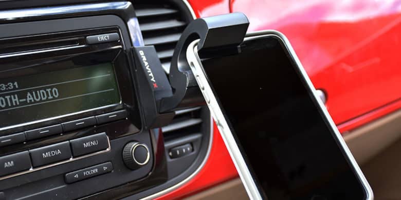 This cleverly designed car mount uses the weight of your phone or tablet to hold it in place.