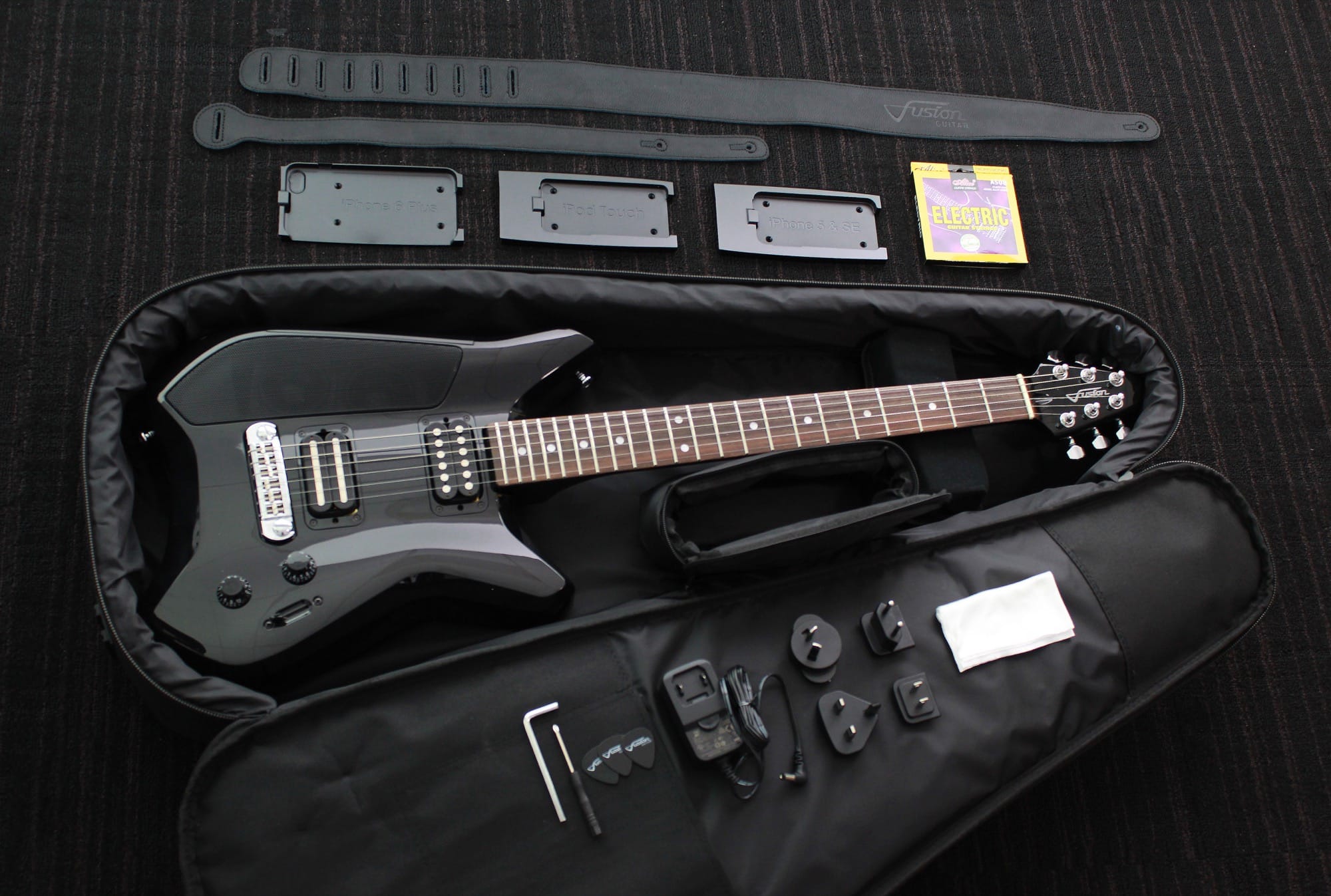 Fusion guitar unboxing Everything you need, including inserts for different iPhones.