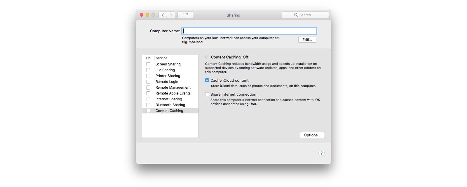 Just head to the Sharnig preferences to switch on content caching.
