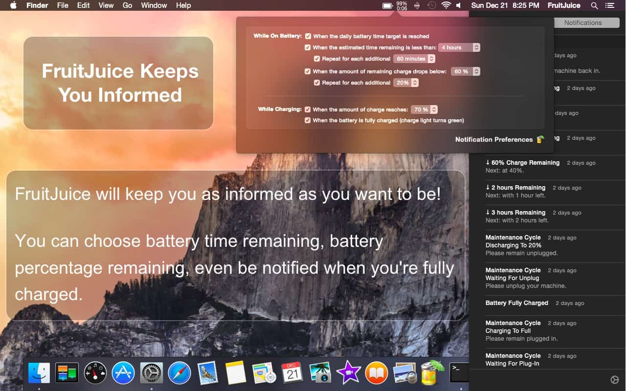 FruitJuice notifies you when you need to unplug or plug in FruitJuice notifies you when you need to unplug or plug in.